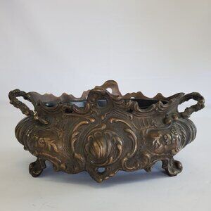 Vtg Brass Italian Style Rococo Jardiniere Planter with Insert  -11.75" Long